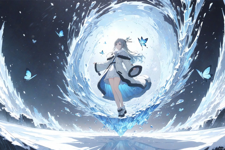  (masterpiece), (best quality), illustration, ultra detailed, hdr, Depth of field, a suspended girl, full body, with magic,focus, masterpiece, solo, gradient background, winter, best quality, star, Through the mottled light and shadow of snow, deep night, wind, flying butterfly, flying white flowers, ice flower, big moon, 1 girl, Beautiful and meticulous eyes, small breast, beautiful detailed,fur collar dress, a sweater coat,Grey gradient hair Blue highlights, hairpin, hime_cut, long sleeves ,sigh, strong rim light, anime screenshot, Bust, solo focus, extremely detailed wallpaper, Personage as the main perspective, intense shadows, cinematic lighting, depth of field, painting, texas \(arknights\), girl