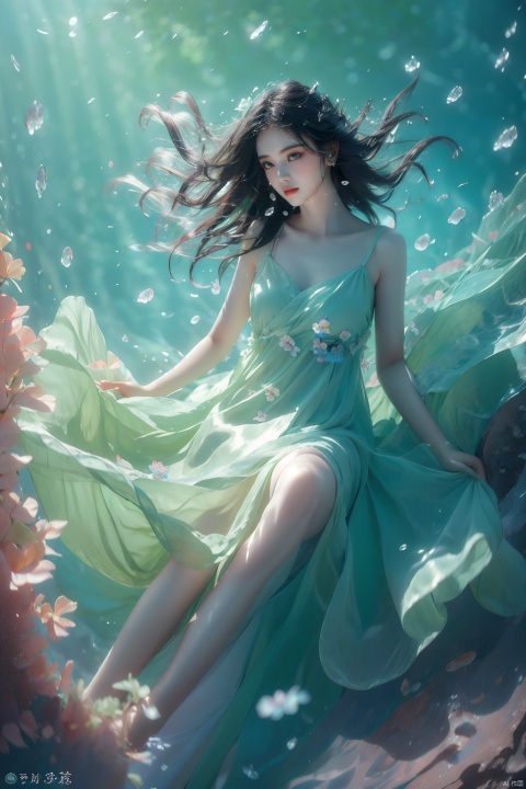  masterpiece, soft light, solo focus, under water,  surrounded by beautiful blue flowers and fishes,long hair wave in the water, delicate face, the picture was warm and quiet., 1girl, sdmai, tm, lvshui-green dress, ((poakl)), jellyfishforest, BAINV