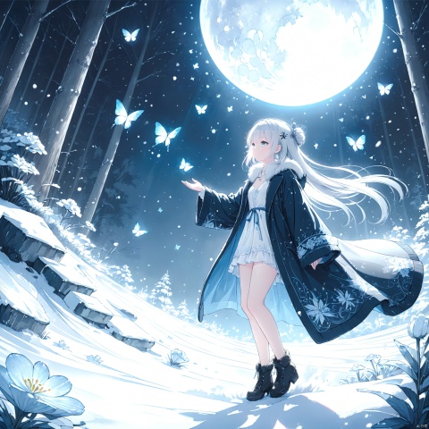  (masterpiece), (best quality), illustration, ultra detailed, hdr, Depth of field, a girl, full body, Magic,focus, masterpiece, solo, gradient background, winter, best quality, star, Through the mottled light and shadow of snow, deep night, wind, flying butterfly, flying white flowers, ice flower, big moon, 1 girl, white hair, Beautiful and meticulous eyes, small breast, beautiful detailed,fur collar dress,colorful, a sweater coat, Blue highlights, hairpin, hime_cut, long sleeves ,perfect hand, strong rim light, anime screenshot, Bust, solo focus, extremely detailed wallpaper, Personage as the main perspective, intense shadows, cinematic lighting, depth of field, painting, girl, glow, lines
