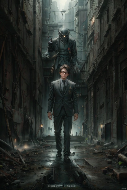  masterpiece,high quality, (boy), depth of field,Cthulhu-style wilderness, young male,tall, solo, full body, perfect body, wearing glasses,fear, short hair, detailed face description,handsome, secret agent, super spy, ((long leg)), (standing alone), brown suit, fear expression, photography, modern design, desserted city, depth of field, ghost, deep shadow,solo male,Multi energy text,1boy,Energy pairing,  Glowing Text,恐怖