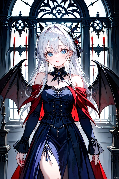  young girl, Demon maiden, beautiful blue eyes, (mouth closed), cool expression, short dress,off shoulder, golden rings, red cape, long white hair, curch, indoor, holy hall, depth of field, flower around,exposure blend, medium shot, Full of vitality, colorful glass window, flying bats,candles,  (hdr:1.4), high contrast, cinematic light, (muted colors, dim colors, soothing tones:1.3), low saturation, loli, gete, Gothic