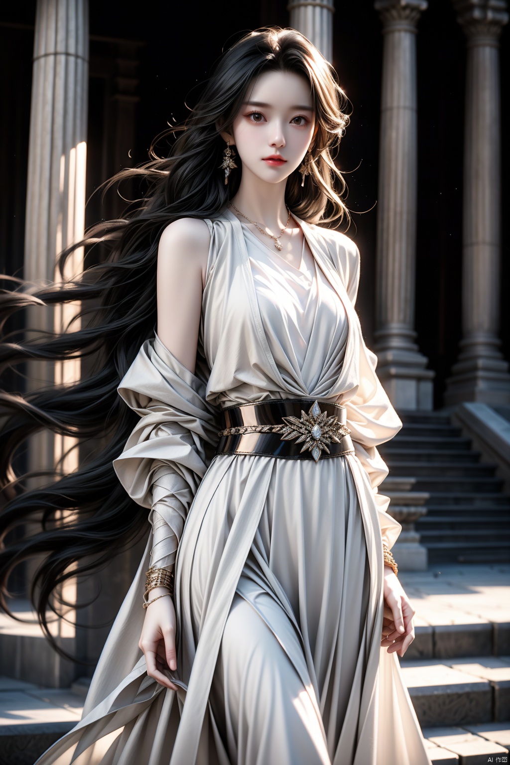  masterpiece, best quality,1girl,solo,standing, looking away,  a haughty lookblack long hair, wearing a necklace, delicate face, beautiful eyes, tube top,light chiffon dress, sweater coat,diamond belt, metal clasp,close-up, yifu
