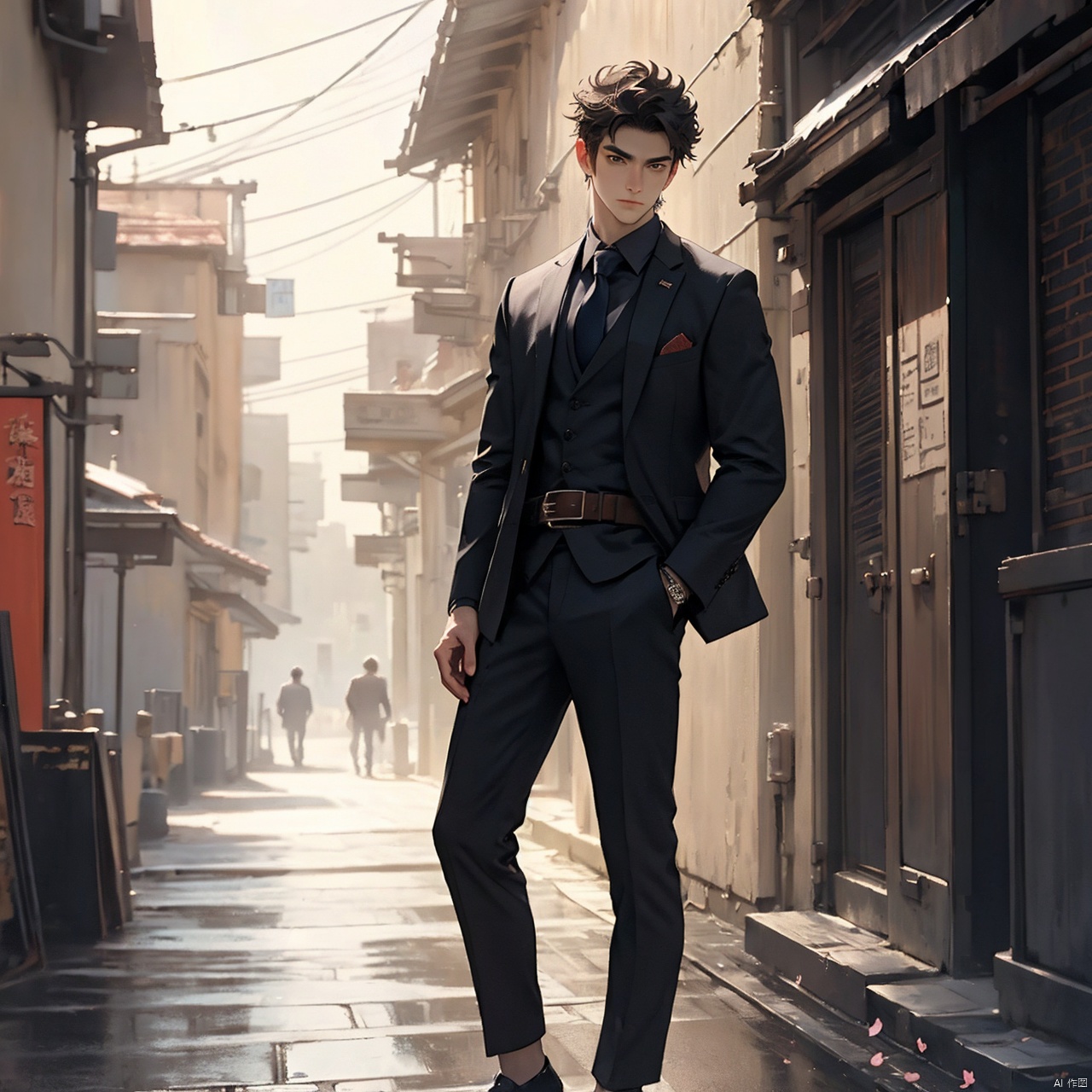 high quality, masterpiece,(((male))), depth of field, young man, solo, full body, growing eyes, ((short hair)), detailed face description,handsome male, long leg, Fashionable cloth,suit, Dark Flower tie,  
Metal Buckle Belt, confident expression, majestic environmental elements, Photography, modern design, depth of field, deep shadow,1boy,solo male,kemix, midjourney portrait, Wen Dao Sheng Zun, , suit,Multi energy text