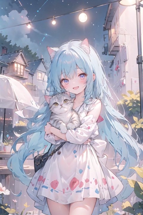 best quality, a girl wearing dress, blue long hair,  1 cat in her arms ,laughing,lovely,summer night, meloncat,suit,hand paint