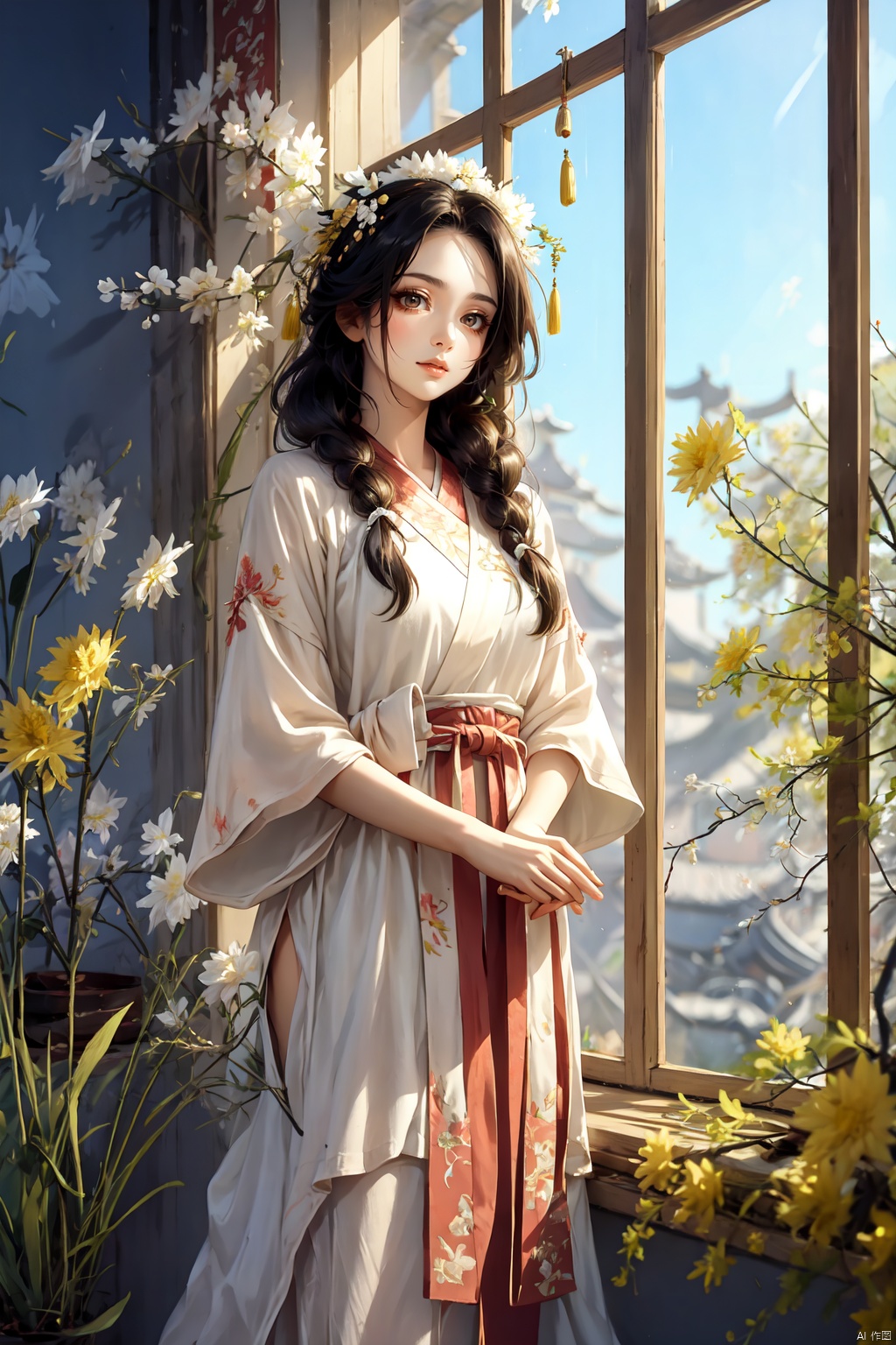  Enhanced, masterpiece, 16K, girl, Solo, delicate face, long hair,Garland headdress, wearing chinese dress, diamond necklac, standing beside the window, surrounded by flowers, rape flower,perfect hands, huliya, windowsill, Ancient China_Indoor scenes