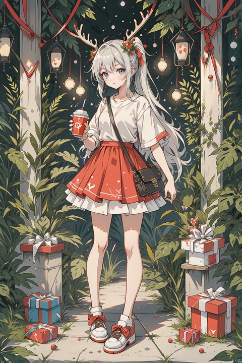 a cute girl with antlers, full body, long hair, in a dress, double Ponytail, candy box, lolipop, bubble gum, Holding a cup, carrying a mini bag, miniskirt, draped in a playful cosplay uniform, sticker, dripping paint, rose, neon photography style,tshirt design,ice and water,tranzp, polulu