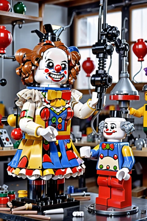  scene of a  woman in a workshop fixing magical mechanical (clown puppets), about the curvature of space time, working, art deco, zentangle, full colored,3d crunch, cinematic,  (best quality, masterpiece, Representative work, official art, Professional, Ultra intricate detailed, 8k:1.3), WizardCoreAI, LEGO MiniFig