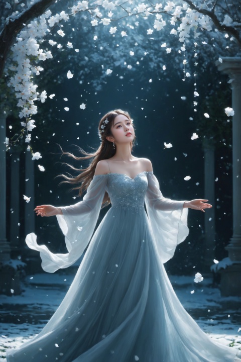  (masterpiece), (best quality), illustration, ultra detailed, depth of field, outside garden, a suspended girl, masterpiece,gradient background, best quality, star, floating flowers, 1 girl,looking away, Beautiful and meticulous eyes, middle breast, beautiful detailed,off shoulder, delicate dress, long hair, headband, earring, full body, raise hands up to catch the falling petals, extremely detailed wallpaper,intense shadows, cinematic lighting, depth of field,goddess of winter, painting, Dingdall effect, 1girl