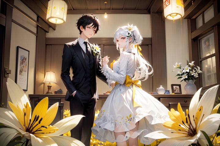  masterpiece, sharp focus, best quality, depth of field, cinematic lighting, a couple tied with spring ribbon, <:more_details:0.5>, the girl wear colorful dress, the boy wear suits, fantasy, ((poakl flower style)),beautifully decorated room,  colors, Stuffed toys,lily,coloured mini lanterns, houtufeng