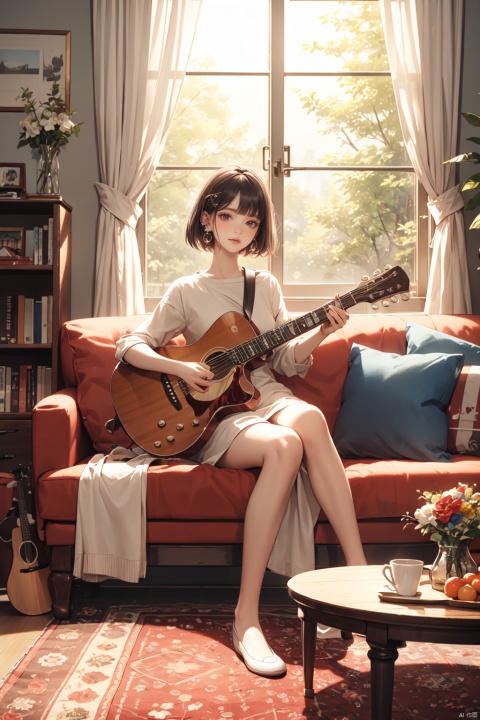  masterpiece, panorama,a girls, solo focus, short hair,  casual clothes, earings, sitting on sofa, a delicate sitting room, deep of field, a photo frame on the wall, velvet curtains, guitar,modern style, fruits, stuffed toys, ((carpet)) on the floor, beautiful flowers around her, summer, guitar, 30710, cozy animation scenes, dundar