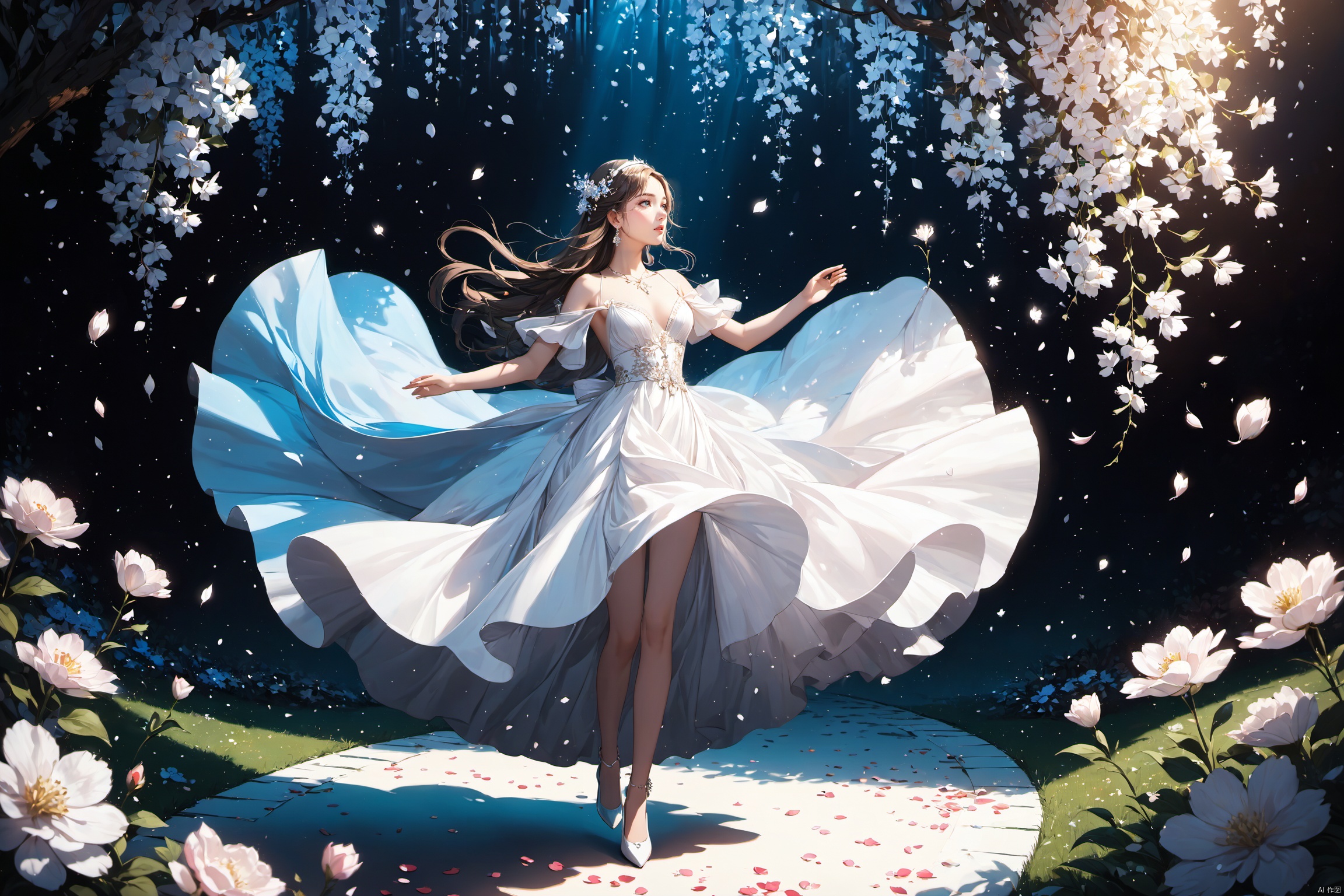  (masterpiece), (best quality), illustration, ultra detailed, depth of field, outside garden, a suspended girl, masterpiece,gradient background, best quality, star, floating flowers, 1 girl,looking away, Beautiful and meticulous eyes, middle breast, beautiful detailed,off shoulder, delicate dress, long hair, headband, earring, full body, raise hands up to catch the falling petals, extremely detailed wallpaper,intense shadows, cinematic lighting, depth of field,goddess of winter, painting, Dingdall effect