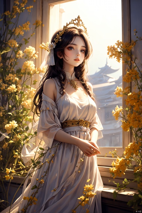  Enhanced, masterpiece, 16K, girl, Solo, delicate face, long hair,Garland headdress, wearing white dress, diamond necklac, standing beside the window, surrounded by flowers, rape flower,perfect hands, huliya, windowsill, Ancient China_Indoor scenes