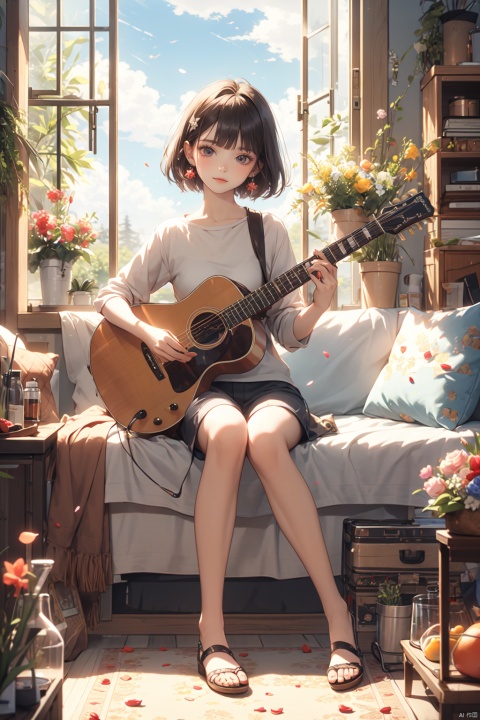  masterpiece, panorama,a girls, solo focus, short hair,  casual clothes, earings, sitting on ground,spring park, deep of field, children around, guitar put beside, modern style, fruits, stuffed toys, ((carpet)) , beautiful flowers around her,Petals fluttered down from the sky,  spring, guitar, 30710, cozy animation scenes, dundar