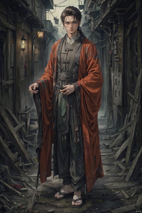  masterpiece,high quality, (boy), depth of field,Cthulhu-style wilderness, young male,tall, solo, full body, perfect body, black long hair, detailed face description,handsome, secret agent, chines Exorcist, ((long leg)), (standing alone), orange Taoist robe, confident and determined expression, photography, modern design, desserted city, depth of field, ghost, deep shadow,solo male,Multi energy text,1boy,Energy pairing, GlowingText,恐怖, gloomy