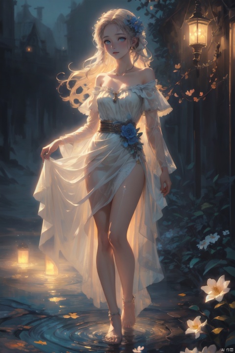  (masterpiece), (best quality), illustration, ultra detailed, soft light, Depth of field, a girl, full body, solo focus, masterpiece, gradient background, summer night, best quality, star,wind, flying flowers,colorful flowers, fireflies,1 girl, long hair, Beautiful and meticulous eyes, small breast, beautiful detailed,off shoulder, beautiful dress,perfect hand,  bare feet, step in water, solo focus, extremely detailed wallpaper,cinematic lighting, girl, Hazy light,Floodlight,Purity Portait, Gauze Skirt, Light master