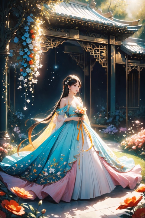  (masterpiece), (best quality), illustration, ultra detailed, depth of field, outside garden, a suspended girl, masterpiece,gradient background, best quality, star, floating flowers, 1 girl,looking away, Beautiful and meticulous eyes, middle breast, beautiful detailed,off shoulder, delicate dress, long hair, headband, earring, full body, hands together, extremely detailed wallpaper,intense shadows, cinematic lighting, depth of field,goddess of spring, painting, Dingdall effect, arien_hanfu, glow