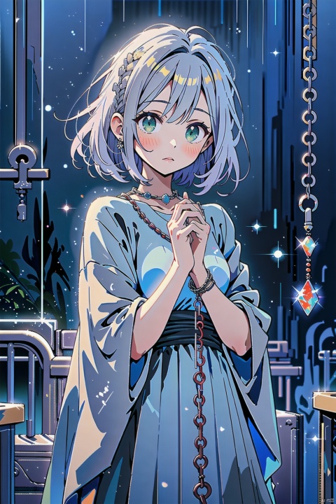 masterpiece, best quality, an extremely delicate and beautiful girl, perfect anatomy, green eyes, soft lighting, perfect hands, perfect fingers, long hair, magic dress, chain, necklace,focus on viewer, hola,  huliya, cozy anime, 2D ConceptualDesign