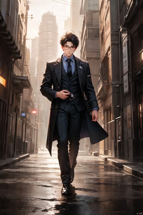  masterpiece,high quality, (boy), depth of field,soft light, young male,tall, solo, full body, perfect body, beautiful eyes, wearing glasses, short hair, detailed face description,handsome, secret agent, super spy, ((long leg)), (standing), black suit coat, dark Flower tie, armed, confident expression, photography, modern design, rain, depth of field, deep shadow,solo male,Wen Dao Sheng Zun,Multi energy text,1boy,Energy pairing, Cyberpunk Concept, Wen Dao Sheng Zun,Glowing Text