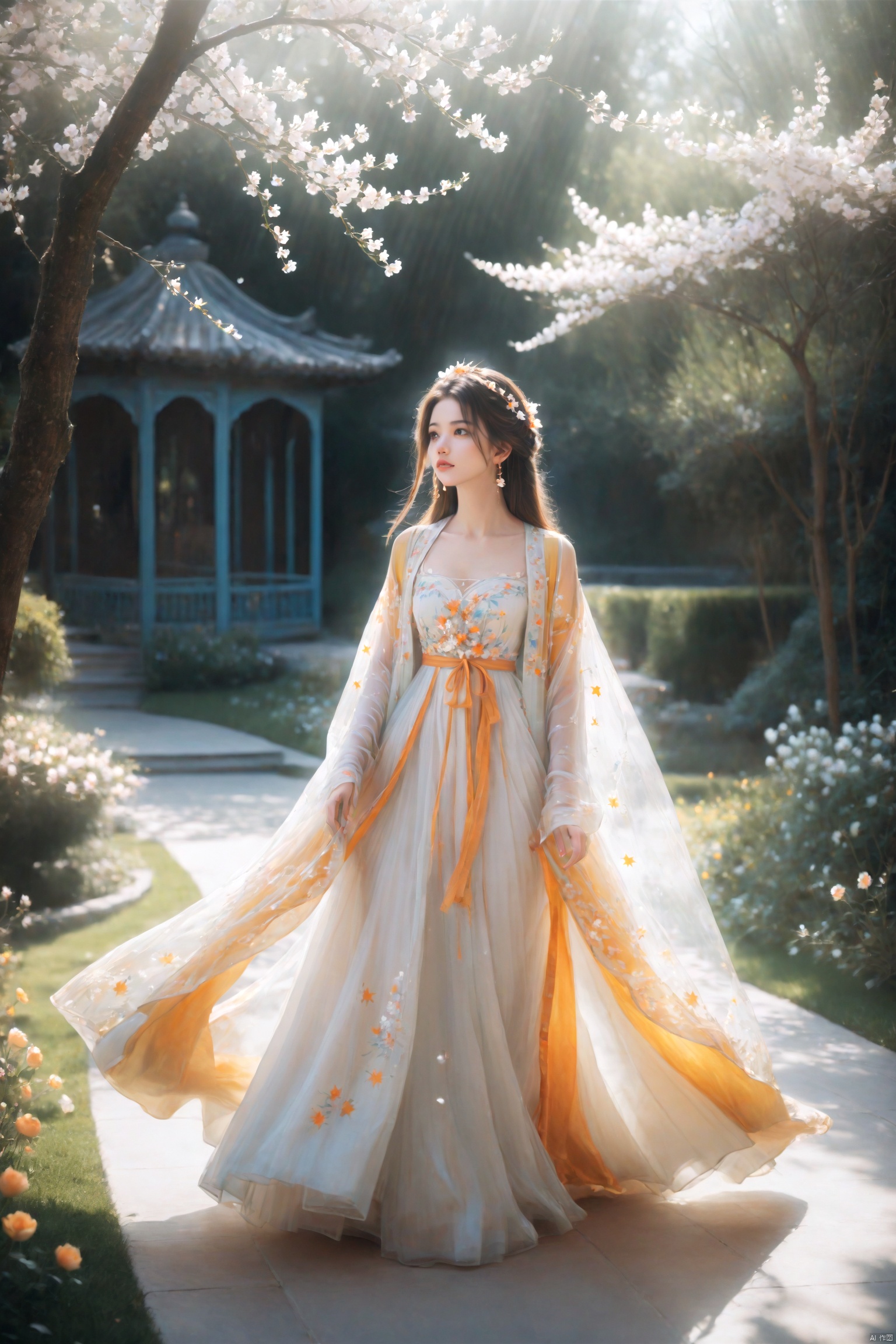  (masterpiece), (best quality), illustration, ultra detailed, depth of field, outside garden, a suspended girl, masterpiece,gradient background, best quality, star, floating flowers, 1 girl,looking away, Beautiful and meticulous eyes, middle breast, beautiful detailed,off shoulder, delicate dress, long hair, headband, earring, full body, hands together, extremely detailed wallpaper,intense shadows, cinematic lighting, depth of field,goddess of spring, painting, Dingdall effect, arien_hanfu, glow, 1girl