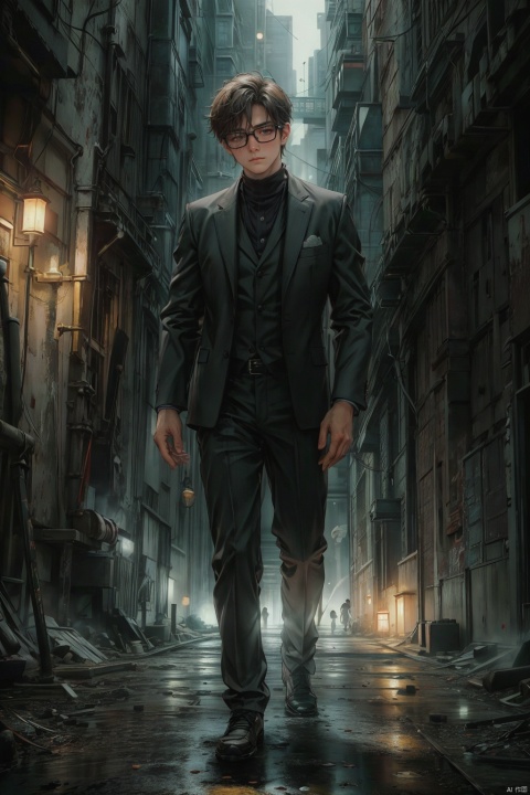  masterpiece,high quality, (boy), depth of field,Cthulhu-style wilderness, young male,tall, solo, full body, perfect body, close eyes, wearing glasses, short hair, detailed face description,handsome, secret agent, super spy, close eyes, ((long leg)), (standing),hiding, brown suit, confident expression, photography, modern design, desserted city, depth of field, ghost, deep shadow,solo male,Multi energy text,1boy,Energy pairing,  Glowing Text,恐怖