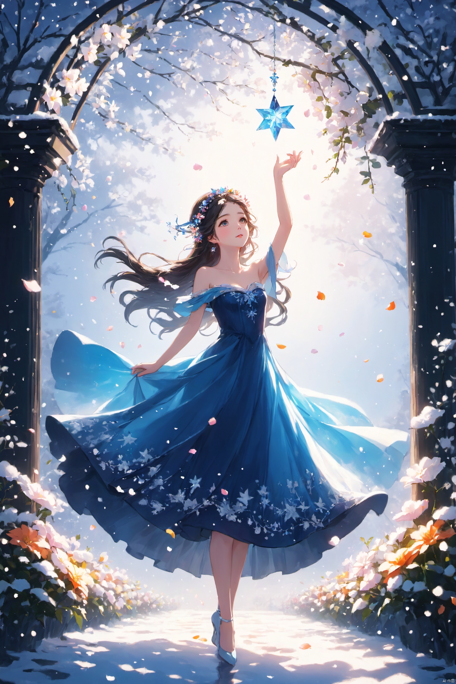  (masterpiece), (best quality), illustration, ultra detailed, depth of field, outside garden, a suspended girl, masterpiece,gradient background, best quality, star, floating flowers, 1 girl,looking away, Beautiful and meticulous eyes, middle breast, beautiful detailed,off shoulder, delicate dress, long hair, headband, earring, full body, raise hands up to catch the falling petals, extremely detailed wallpaper,intense shadows, cinematic lighting, depth of field,goddess of winter, painting, Dingdall effect