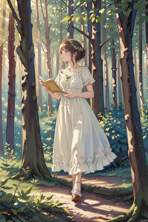 watercolor,  (masterpiece), (best quality), (illustration),(1girl:1.5),(solo:1.5), an extremely delicate and beautiful girl, cute,dress, Fairy tales, Robins, maidens walking in the forest, singing, light skirt, soft light, 
Light passes through the trees, dundar
