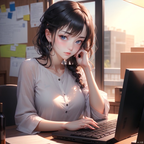  (Best quality, masterpiece),  1 girl, beautiful face, delicate dress, black hair,  working hard before the computer, half body, looking aside, working hard, serious expression, IT,computer, office room, background eastern dragon,Hanama wine, huliya