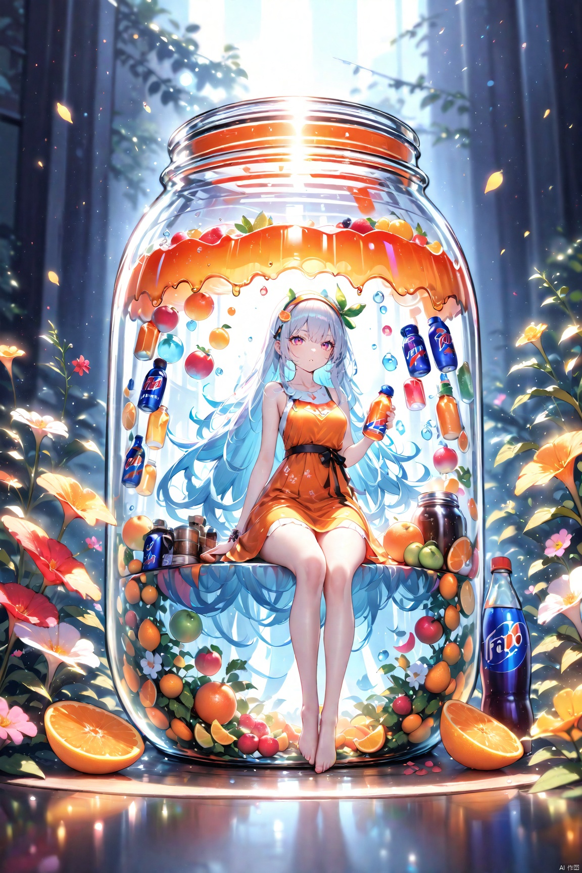  (masterpiece), (best quality), illustration, ultra detailed, hdr, Depth of field, (colorful), loli,(flowers background:1.45),(transparent background:1.3)(an extremely delicate and beautiful girl inside of glass jar:1.2), (glass jar:1.35),(solo:1.2), (full body), (beautiful detailed eyes, beautiful detailed face:1.3), (sitting ), (very long silky hair, float white hair:1.15), (medium_breasts, tally and skinny:1.2), (Colorful dress:1.3), (extremely detailed lace:0.3), (insanely detailed frills:0.3),(hairband , orange hair_ornament:1.25),orange cans,water surface,full body,(bottle filled with orange water,bottle filled with Fanta:1.25), (many fruits in jar, many Sliced_fruits in jar:1.25), (many bubbles:1.25), Colorful Girl