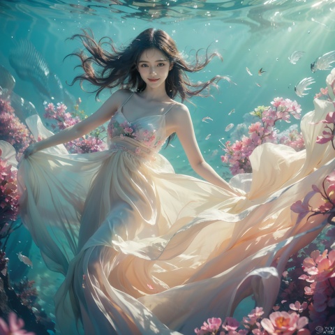  masterpiece, soft light, solo focus, under water, surrounded by beautiful flowers and fishes, close eye, smile, brown long hair, delicate face, the picture was quiet, 1girl, sdmai, tm, lvshui-green dress, ((poakl)), jellyfishforest, BAINV, yuyao