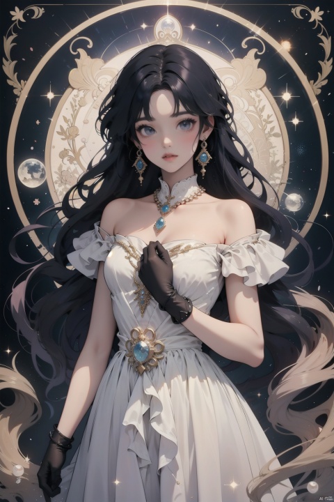 masterpiece, best quality, 4k, soft light,1girl, solo focus, perfect body, elegent long dress, silk gloves, long golden hair,small breasts, jewelry earrings, pearl necklace, pearl arm rings, looking at viewer, stand, moon princess, stary night, dopamine, dofas,  SHSJ, jy, dark academia, hologram girl, SHSJ