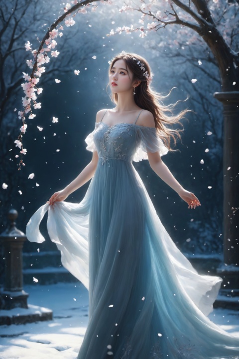  (masterpiece), (best quality), illustration, ultra detailed, depth of field, outside garden, a suspended girl, masterpiece,gradient background, best quality, star, floating flowers, 1 girl,looking away, Beautiful and meticulous eyes, middle breast, beautiful detailed,off shoulder, delicate dress, long hair, headband, earring, full body, raise hands up to catch the falling petals, extremely detailed wallpaper,intense shadows, cinematic lighting, depth of field,goddess of winter, painting, Dingdall effect, 1girl