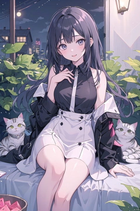  best quality, a girl wearing dress, black long hair, one cat lay on her one shoulder, :), lovely, summer night, meloncat,suit,hand paint