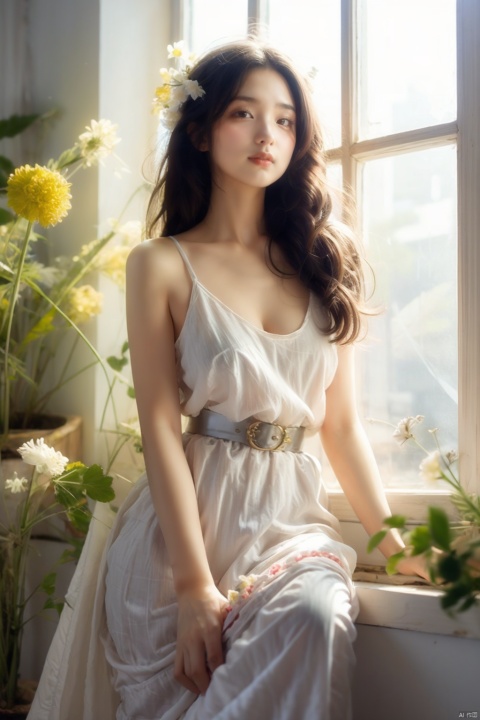  Enhanced, masterpiece, 16K, realistic, girl, solo focus, delicate face, long hair,Garland headdress, wearing silk dress,silk belt, diamond necklac, standing beside the window, surrounded by flowers, rape flower,perfect hands, huliya, windowsill, Ancient China_Indoor scenes, BAINV, yuyao, bichu