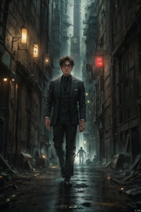  masterpiece,high quality, (boy), depth of field,Cthulhu-style wilderness, young male,tall, solo, full body, perfect body, wearing glasses,fear, short hair, detailed face description,handsome, secret agent, super spy, ((long leg)), (standing alone), brown suit, fear expression, photography, modern design, desserted city, depth of field, ghost, deep shadow,solo male,Multi energy text,1boy,Energy pairing,  Glowing Text,恐怖