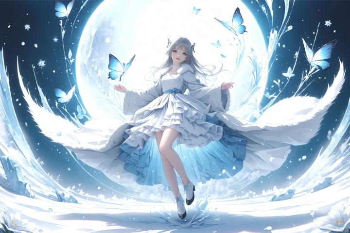  (masterpiece), (best quality), illustration, ultra detailed, hdr, Depth of field, a suspended girl, full body, magic,focus, masterpiece, solo, gradient background, winter, best quality, star, Through the mottled light and shadow of snow, deep night, wind, flying butterfly, flying white flowers, ice flower, big moon, 1 girl, Beautiful and meticulous eyes, small breast, beautiful detailed,fur collar dress, a sweater coat,Grey gradient hair Blue highlights, hairpin, hime_cut, long sleeves ,sigh, strong rim light, anime screenshot, Bust, solo focus, extremely detailed wallpaper, Personage as the main perspective, intense shadows, cinematic lighting, depth of field, painting, texas \(arknights\), girl