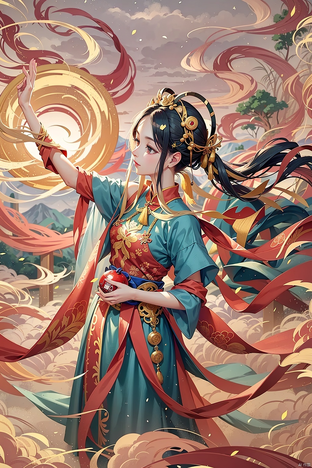  1girl, solo, surrounded by birds, In the center of the picture is a scroll of a beautiful girl, dressed in DUNHUANG_CLOTHS, with long hair cascading down to her waist, a beautiful face, and bright, mysterious eyes.

The girl flew out of the scroll, and her body was surrounded by colored light, giving a dreamlike feeling. She danced in the air, surrounded by colorful petals and auras. The scenery in the scroll also flies out with the girl, and the mountains, forests and streams merge together under the guidance of the fairy to form a wonderland full of magic and fantasy.

DUNHUANG_CLOTHS,CS_Jiangnan,guofeng, bird, lowers, mountain, fog, red carp, red sun, clouds,chinese style