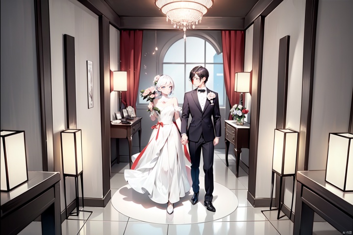  masterpiece, sharp focus, best quality, depth of field, cinematic lighting, a couple tied with spring ribbon, <:more_details:0.5>, the girl wear colorful dress, the boy wear suits, fantasy, ((poakl flower style)),beautifully decorated room, colors, Stuffed toys,rose,coloured mini lanterns,