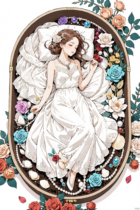 1girl, solo, long brown hair, sleeping, white dress, full body, bow, ribbon, jewelry, flower, lying, colorful flowers, necklace, white dress, flower around, rose, gem, beads, pearl \(gemstone\),in jewerly box, paleColor, line art, pearl_shell