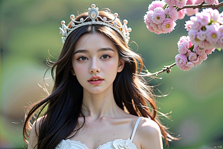  masterpieces, best quality, solo focus, a noble goddess of spring, half body, wearing a beautiful long dress, deliacte face, smell the flowers, holding a branch of wild flowers, magic and mystery, simple background, wearing a crown of flowers, eluosi, TT