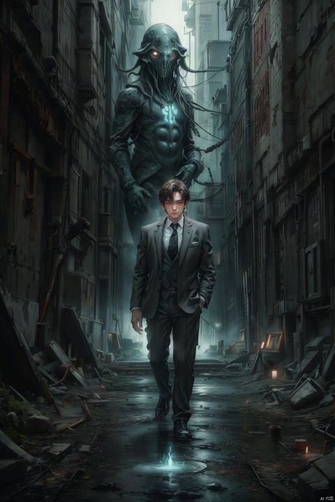  masterpiece,high quality, (boy), depth of field,Cthulhu-style wilderness, young male,tall, solo, full body, perfect body, beautiful eyes, short hair, detailed face description,handsome, secret agent, super spy, close eyes, ((long leg)), (standing), brown suit, dark Flower tie, confident expression, photography, modern design, desserted city, depth of field, ghost, deep shadow,solo male,Multi energy text,1boy,Energy pairing,  Glowing Text,恐怖