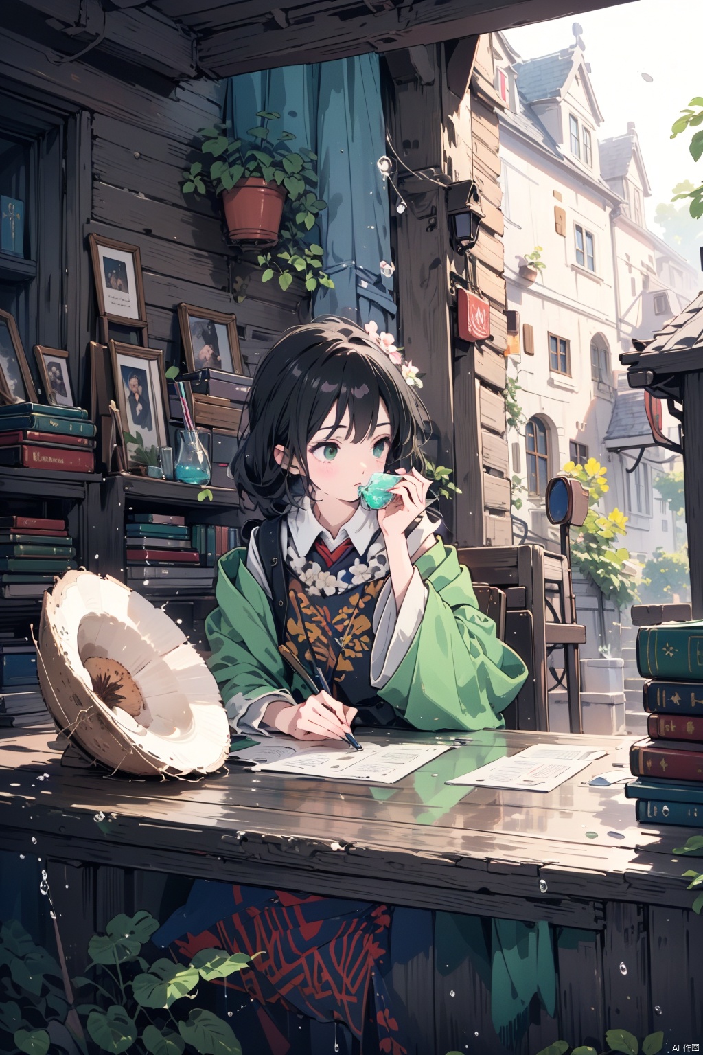  an woman drinking water from a green coconut with a straw is in the foreground. The surrounding decor contains green plants, a triforce symbol, Harry Potter references and circus flags, detailed matte painting, deep colors, fantastic and intricate details, splash screen, complementary colors, fantasy concept art, 8k resolution trending on Artstation Unreal Engine