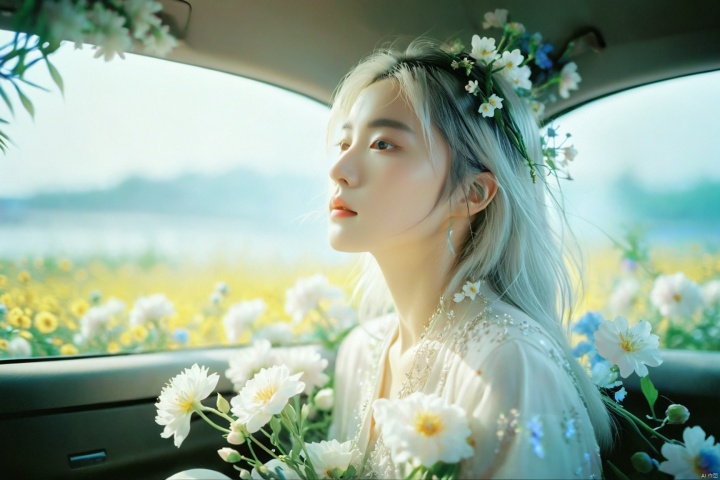 breathtaking ethereal fantasy concept art of cinematic film still,chinese girl,a girl with white hair sitting in car filled with flowers,art by Rinko Kawauchi,in the style of naturalistic poses,vacation dadcore,youth fulenergy,a cool expression,body extensions,flowersin the sky,****og film,super detail,dreamy lofi photography,colourful,covered in flowers andvines,Inside view,shot on fujifilm XT4 . shallow depth of field,vignette,highly detailed,high budget,bokeh,cinemascope,moody,epic,gorgeous,film grain,grainy . magnificent,celestial,ethereal,painterly,epic,majestic,magical,fantasy art,cover art,dreamy,monkren, . award-winning, professional, highly detailed, light master, monkren, sunlight, liu yifei