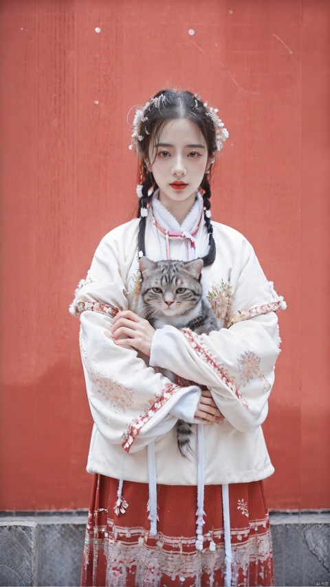 best quality,masterpiece, happy new year, 1 girl, solo, beautiful face, perfect skin, snow, holding cute cat in her arms, girl enjoying the happiness brought by the festival,good hands,perfect fingers, colorful, goddess, xiqing, dofas, hanfu