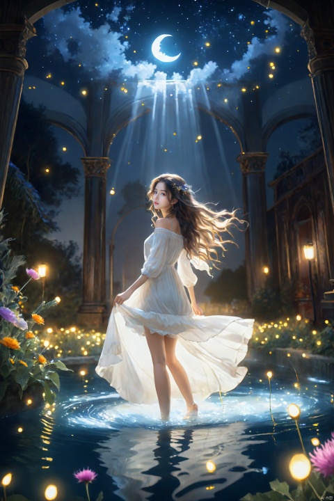  (masterpiece), (best quality), illustration, ultra detailed, hdr, Depth of field, a girl, full body, magic, solo focus, lying, masterpiece, gradient background, summer, best quality, star, deep night, wind, flying flowers,colorful flowers, fireflies, crescent moon, 1 girl, thistle long hair, Beautiful and meticulous eyes, small breast, beautiful detailed,off shoulder, casual clothes, long_sleeve ,perfect hand, strong rim light, anime screenshot, bare feet, float on water, solo focus, extremely detailed wallpaper,cinematic lighting,glow, Hazy light,Floodlight, NVZ, (\shen ming shao nv\)
