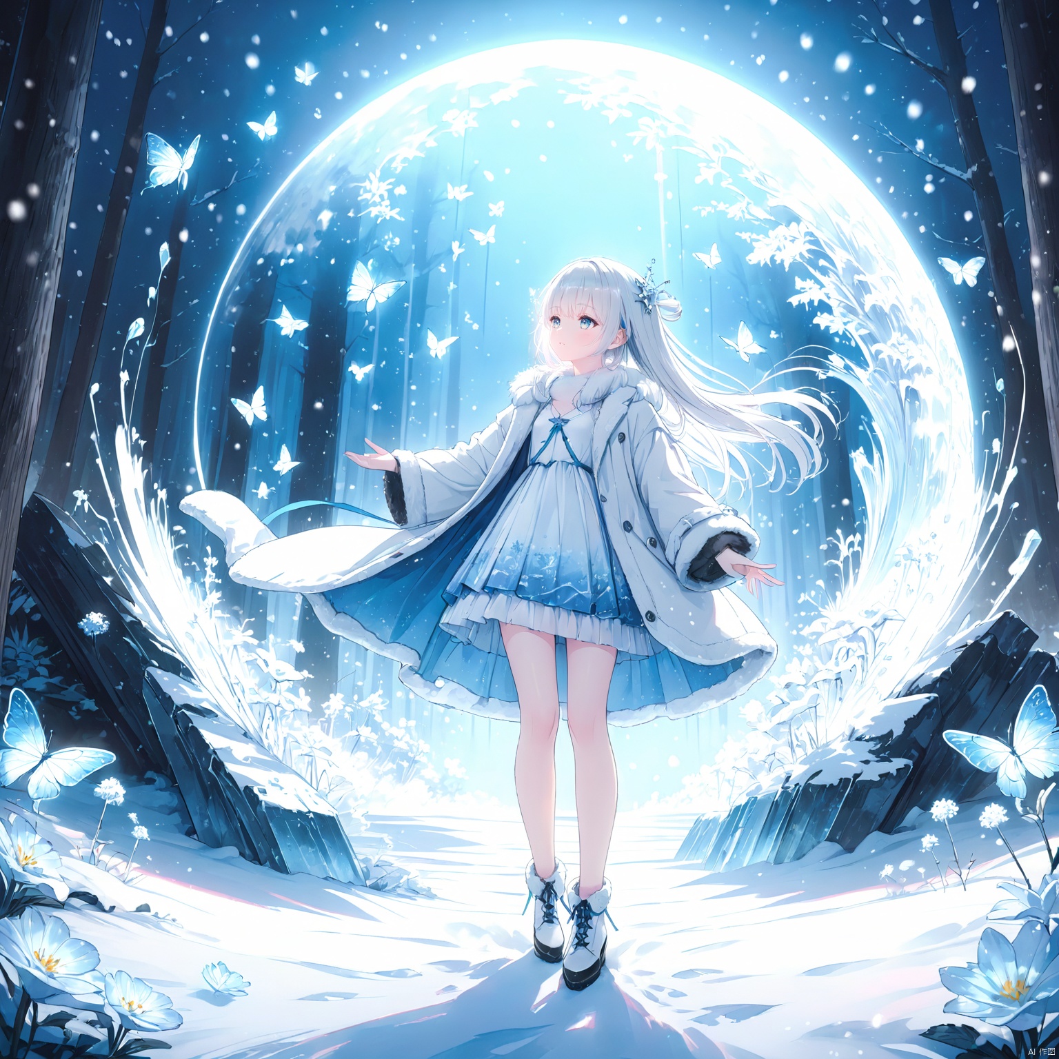  (masterpiece), (best quality), illustration, ultra detailed, hdr, Depth of field, a girl, full body, Magic,focus, masterpiece, solo, gradient background, winter, best quality, star, Through the mottled light and shadow of snow, deep night, wind, flying butterfly, flying white flowers, ice flower, big moon, 1 girl, white hair, Beautiful and meticulous eyes, small breast, beautiful detailed,fur collar dress,colorful, a sweater coat, Blue highlights, hairpin, hime_cut, long sleeves ,perfect hand, strong rim light, anime screenshot, Bust, solo focus, extremely detailed wallpaper, Personage as the main perspective, intense shadows, cinematic lighting, depth of field, painting, girl, glow, lines, LU