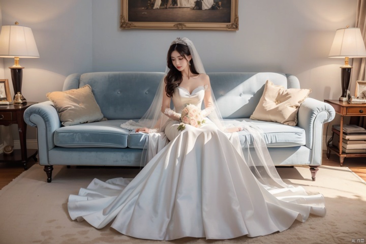  masterpiece, panorama,a girl, solo focus, perfcet body,long hair, light blue wedding dress, lying in sofa, a delicate sitting room, a photo frame on the wall, velvet curtains, sofa in  
Gorgeous and warm style, ((carpet)) on the floor,  
Beautiful furniture,beautiful flowers, Overhead shot, weddingdress