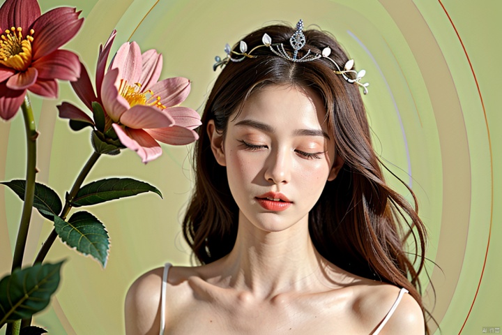 masterpieces, best quality, solo focus, a noble goddess of spring, wearing a beautiful long dress, deliacte face, close eyes, holding a branch of wild flowers, magic and mystery, simple background, wearing a crown of flowers, eluosi, TT
