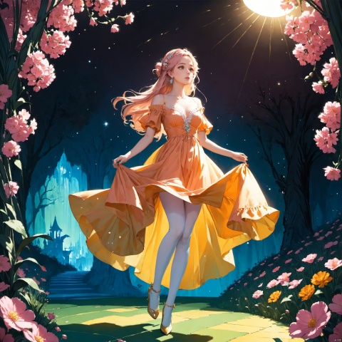  (masterpiece), (best quality), illustration, ultra detailed, depth of field, outside garden, a suspended girl,  masterpiece,gradient background, best quality, star, floating pink flowers, 1 girl,looking away, Beautiful and meticulous eyes, middle breast, beautiful detailed,off shoulder, a light orange dress,  long hair, headband, earring, full body, hands behind body, extremely detailed wallpaper,intense shadows, cinematic lighting, depth of field, Wizard of Oz, painting, Dingdall effect