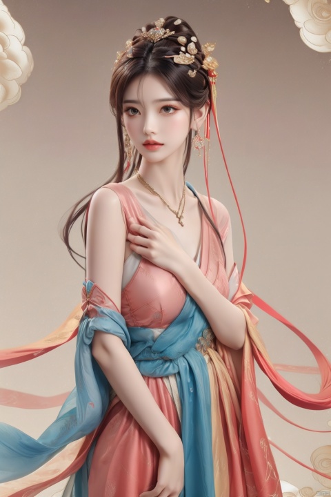  1girl,Bangs, off shoulder, colorful_hair, ((colorful hair)),golden dress, yellow eyes, chest, necklace, pink dress, earrings, floating hair, jewelry, sleeveless, very long hair,Looking at the observer, parted lips, pierced,energy,electricity,magic,tifa,sssr,blonde hair,jujingyi, wangyushan, dofas, 1 girl, yue , hair ornament , hanfu,迪士尼