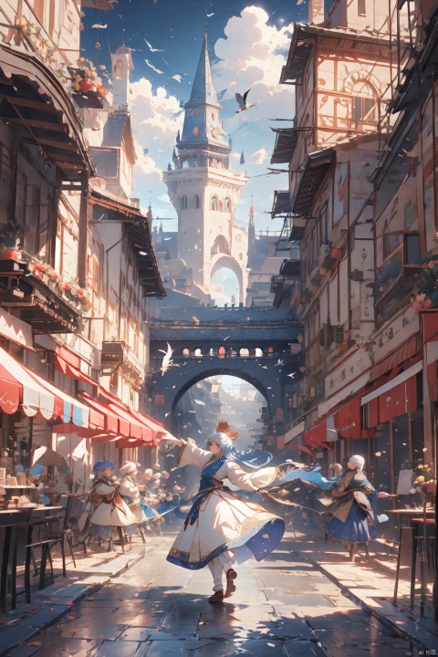  4k,intricate detail,wallpaper,absurdres,high resolution,ultra colorful art, ,depth of field,ray tracing,spectacular, old Renaissance age amusement,grand Circus,flying birds, dancing crowns, Frame, Magical Fantasy style, (\ji jian\), UIAXD5.0, cozy animation scenes